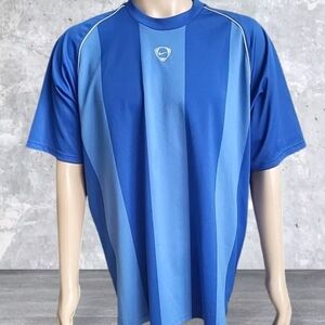 Nike Y2K Soccer Jersey Mens XL Blue Striped Training T-Shirt Center Swoosh Logo